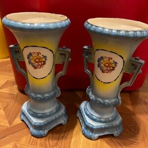 vintage pair of Czech Blue Floral Vases